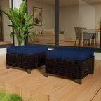 Vista Vibe 2 Pieces Patio Wicker Ottomans, Luxurious Footstools, Outdoor Small Footrest, Wicker Furniture with Removable Cushions,All-Weather PE Rattan, Garden, Backyard, Porch(Brown/Navy)