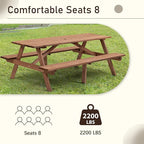 Picnic Table with Bench for 8 Person Outdoor Wooden Rectangle Table for Patio Garden Backyard Large Outside Dining Table Set with Umbrella Hole 6.26FT Brown