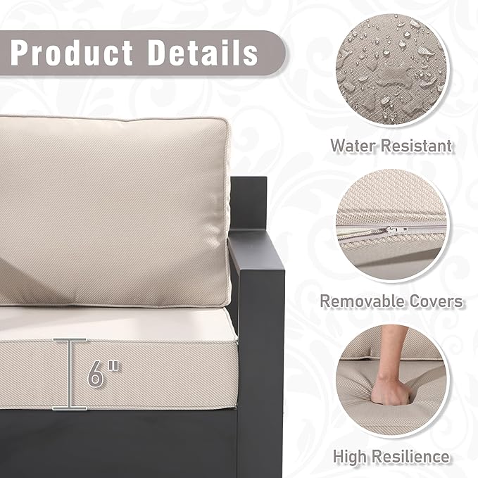 3 PCS Aluminum Patio Conversation Set - Outdoor 3-Seater Sofa, 2 360° Swivel Chair with 6" Thick Water-insistant Cushions, All-Weather Use Frame, Removable Cover, Ideal for Garden, Poolside (Beige)
