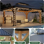 AMERLIFE 10x12 Wood Gazebo, Hardtop Gazebo with Spruce Frame and Aluminum Double Roof, Outdoor Pergola for Parties, Backyard, Patio, Lawns, Black + Natura Wood