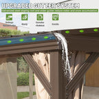 10x14FT Lean to Gazebo, Outdoor Hardtop Wall Mounted Gazebo with Gutter & Sloping Galvanized Steel Roof, Metal Frame Mount Gazebos with Netting & Curtain for Deck, Porch, Backyard