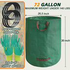 Reusable Yard Waste Bags, 72 Gallon Lawn and Leaf Bags, 6 Pack Garden Weed Bag, Standable&Collapsible Outdoor Trash Bags with 4 Handles, Camping Yard Recycling Heavy Duty Bags with 2 Pair of Gloves