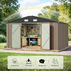 JUMMICO 10 x 10 FT Outdoor Storage Shed, Large Metal Garden Shed & Tool Sheds for Backyard Garden Patio Lawn (Brown)