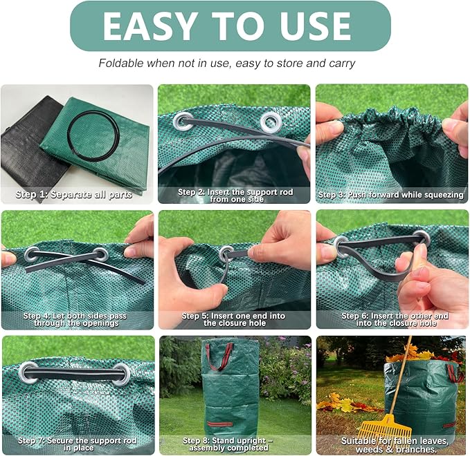 2 Pack 132 Gallon Reusable Yard Waste Bags (Green + Black), Durable Lawn and Leaf Bags with Reinforced Handles, Jumbo Collapsible Garden Bags for Yard Cleanup, Landscaping & Storage
