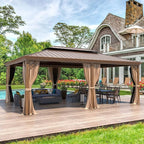 MELLCOM 14'x20' Hardtop Gazebo, Wood Grain Aluminum Frame Pergola with Galvanized Steel Roof, Outdoor Metal Gazebos with Curtains and Nettings for Patio, Backyard, Deck and Lawns