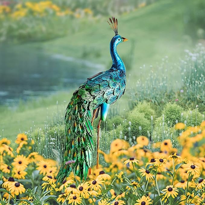 chisheen Outdoor Solar Peacock Statue Garden Decor for Outside Metal Yard Art Outdoor Decoration for Lawn Backyard Party Wedding Mother's Day Gardening Gifts for Women
