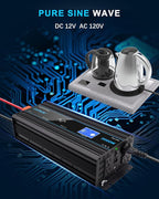 2000W Pure Sine Wave Inverter DC 12V AC 120V Double LCD Screen Remote Control Power Inverter 30W USB-C 4AC Outlets for RV, Home, Solar System