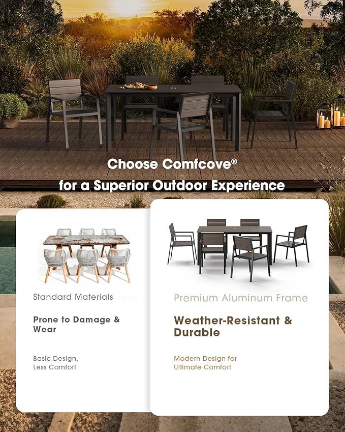 Patio Outdoor Dining Set for 6, Aluminum 7 Piece HDPE Outdooor Table and Chairs Set with Umbrella Hole, Modern Rectangular Patio Furniture Set with All-Weather Table & 6 Chairs (Charcoal)