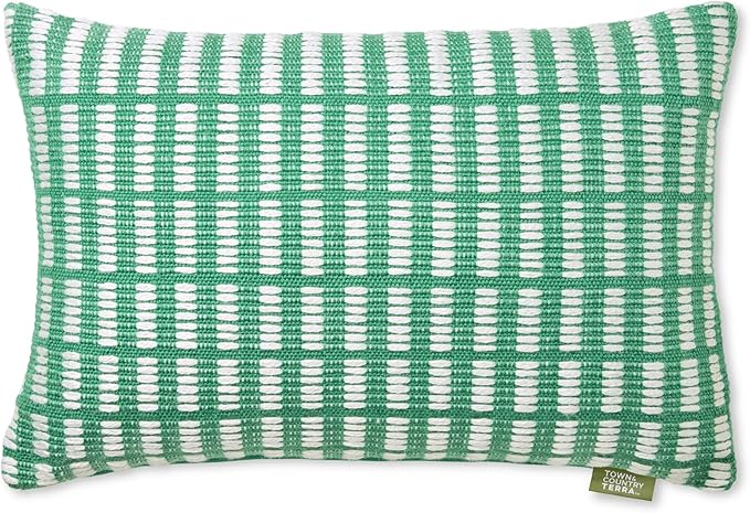 TOWN & COUNTRY TERRA Alara Textured Geo Stripe Handcrafted Indoor Outdoor Decorative Pillow, 100% Recycled Materials, UV Fade Resistant, Water Repellent, Green/Ivory, 14"x20"