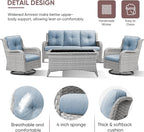 Patio Furniture 4 Piece, All-Weather PE Wicker Outdoor Furniture Set with Coffee Table,Outdoor Patio Furniture with Swivel Rocker Chairs and Outdoor Sofa, White Grey/Blue