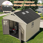 Devoko 10 x 8 FT Resin Outdoor Storage Shed, Extra Large Plastic Shed with Skylight, Floor and Lockable Door, Storage Bike, Tools, Lawn Mower for Garden, Backyard, Patio, Beige