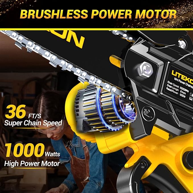 Mini Chainsaw with 1000 Watt High Power Motor, 36 FT/S Cordless Power Chainsaw with Auto-Oil System, 2025 Upgraded 6Inch 20V Electric Chain Saw with 2x2000mAh Battery & Quick Charger, 3 Chains