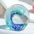 Decorative Crystal Ball Figurines Ocean Waves Paperweight Blown Glass Decor Sea Art Ocean Lovers Gift Blue Green 3.15"