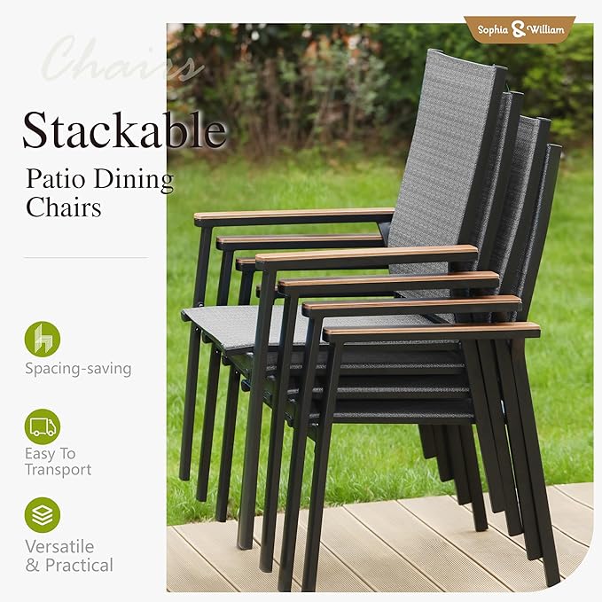 Sophia & William Outdoor Dining Set 7 Pieces, 6 x Aluminum Patio Dining Chairs and Large 64" Metal Dining Table, Space-Saving and Lightweight for Patio Lawn Garden (Grey)