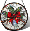 Stained Glass Window Hanging - Pine Branches Red Bow Suncatcher for Doors Home Christmas Decoration Silver Sun Catcher Thanksgiving New Year Birthday Gifts for Women Men Mom Nana 6.3 in