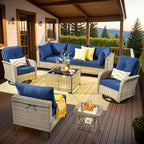 Outdoor Sectional Patio Furniture Set with Swivel Rocking Chairs and Glowing Table,8 Pieces Wicker Conversation Sets L Shaped Couch Out Door Sofa Outside Furniture for Garden Deck Yard Porch,Navy Blue