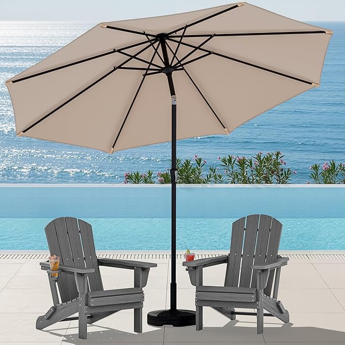 SERWALL Folding Adirondack Chair Set with 9 Ft Umbrella, Adjustable HDPE Adirondack Chair with 3 Recline Positions, Gray (Umbrella Base is not Included)