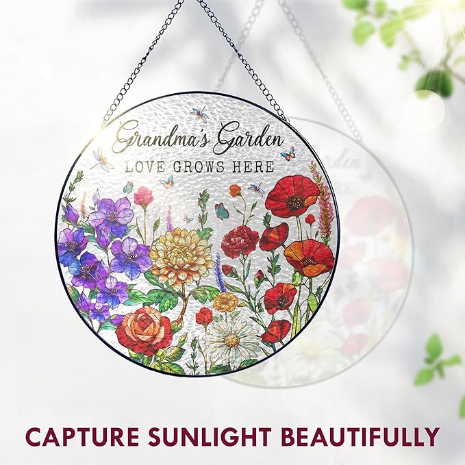 FLAGWIX Grandma Christmas Birthday Gifts - Grandmas Garden Stained Glass Window Hanging with Base 10 in - Birthday Gift for Grandma, Grandparents Day Gifts for Nana Gigi, Sun Catchers Indoor Window
