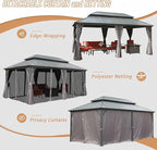 Domi 12' x 20' Hardtop Gazebo Permanent Metal Gazebo with Galvanized Steel Double Roof, Curtains and Netting for Patio, Backyard, Deck, Lawn, Grey