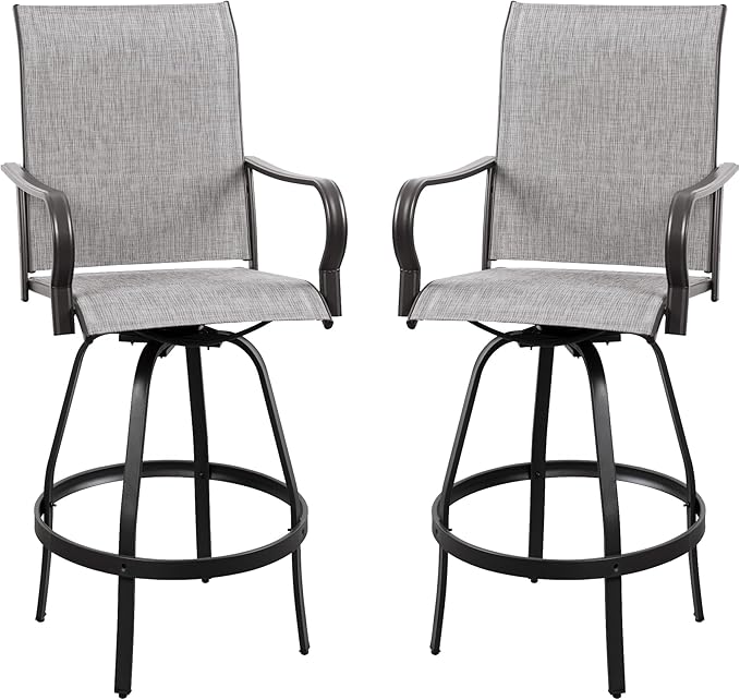 Vongrasig 2 Piece Patio Swivel Bar Chairs, All Weather Metal Textile High Swivel Bar Stools Chairs, Outdoor High Top Bistro Set for Backyard, Lawn Garden, Balcony, Light Grey