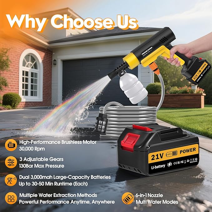 Cordless Pressure Washer Battery Powered, 130Bar/1885PSI Cordless Power Washer with 3.0Ah Battery&Charger&6-in-1 Nozzle, 3 Power Level Handheld Portable Pressure Washer Cordless for Car/Wash/Home/Yard