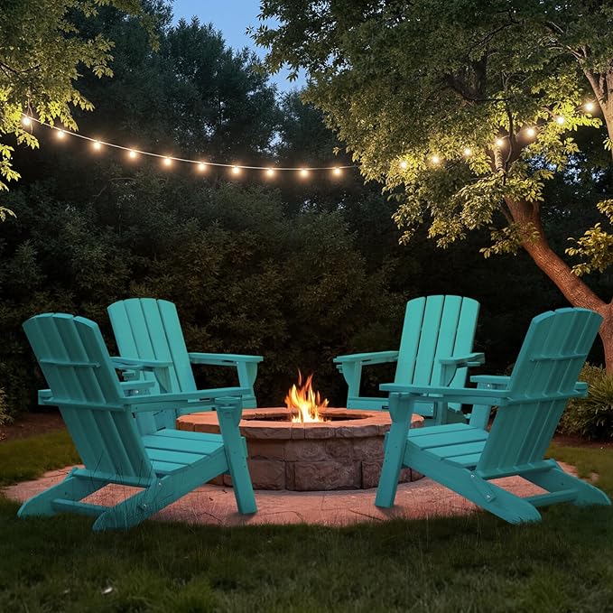 Folding Adirondack Chair Wood Texture 6 Pack, HDPE All-Weather Fire Pit Chairs, Plastic Adirondack Chairs with 2 Cup Holder, Outdoor Lawn Chair for Patio Garden (Lake Blue)
