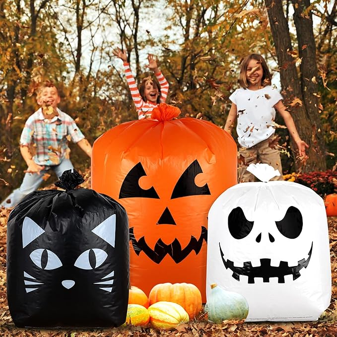 Giiffu 9-Pack Halloween Leaf Bags with Twist Ties – Heavy Duty Pumpkin Yard Waste Bags for Lawn, Garden, Porch, Indoor & Outdoor Halloween Decorations