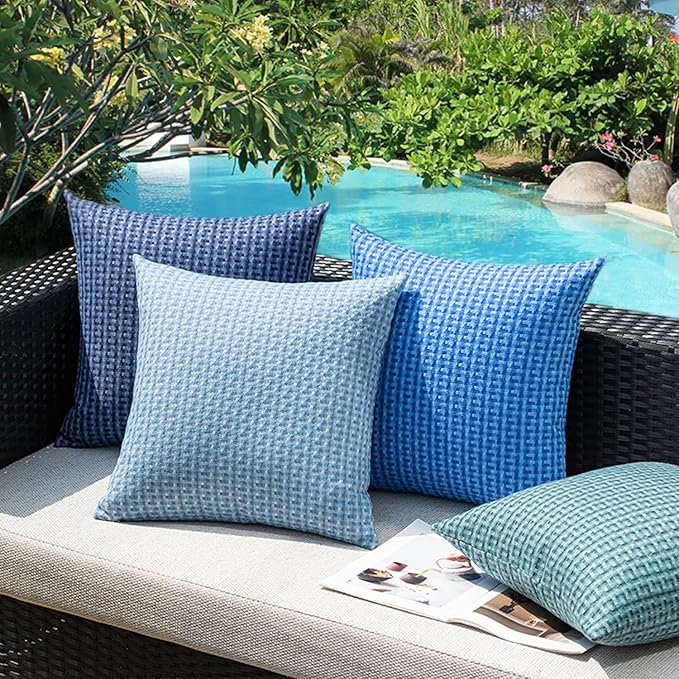 Kevin Textile Outdoor Waterproof Throw Pillow Covers Pack of 2 Farmhouse Decorative Cushion Covers for Garden Patio Tent Balcony Bench Couch Sofa 20x20 Inch, Blue
