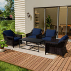 Vista Vibe 5 Pieces Outdoor Rattan Patio Conversation Furniture Set - 4 Wicker Chairs | Steel Coffee Table, Premium & Washable Cushions, Living Room, Poolside (Brown/Navy)