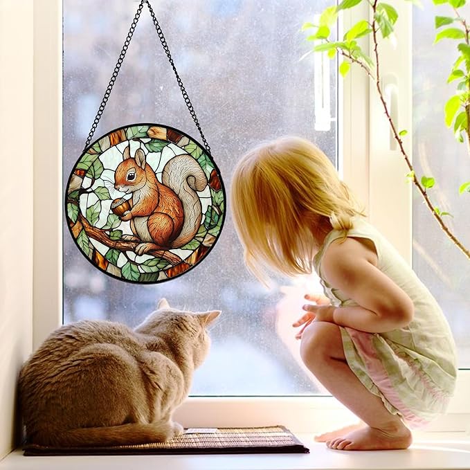 Stained Glass Window Hanging, Squirrel on a Branch Suncatcher Diamond Glass Panel Animal Sun Catchers Decor for Birthday for Women, Men, Wife, Aunt, and Mom 11.8x11.8 in
