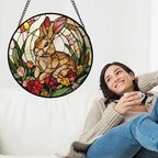 Stained Glass Window Hanging, Cute Bunny Flowers Sun Catcher for Window Door Home Decor, Rabbit Suncatcher Christmas Mother's Day Birthday Gifts for Women Men Mom and Nana 7.8 in
