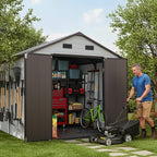 8x8ft Resin Outdoor Storage Shed with Floor and 2 Windows, Plastic Sheds & Outdoor Storage Clearance for Patio Furniture, GardenTools, Bike Accessories and Lawn Mower, Brown+White