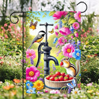 Spring Garden Flag 12x18 Inch Double-Sided Yard Decoration Featuring Colorful Pump Flowers Birds Chipmunk for Outdoor Spring Summer Garden Yard Decor
