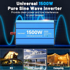 1500 Watt Pure Sine Wave Power Inverter, 12 Vdc to 110 Vdc to 120 Vdc, for Home, RV and Off-Grid Solar Systems, with 2 AC Outlets and USB Port, LCD Display, with Remote Control