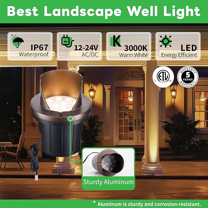 Landscape Well Light, LED Low Voltage In Ground Lights, IP67 Waterproof 12V Outdoor, Single Side 6W 420LM Aluminum ORB for Tree Fence 6 Pack