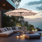 PHI VILLA 10ft Patio Umbrella with Solar Lights, Outdoor 3 Tier Vented Large Market Table Umbrella with 8 Sturdy Ribs and 1.5" Umbrellla Pole for Lawn Poolside Garden Terrace, Beige