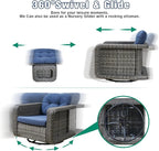 Patio Glider Swivel Rocker Sets: 5piece Patio Furniture Sets, 360° Swivel Rocking Chairs with Ottoman, Rust-Resistant Cushion -Perfect for Backyard/Deck/Porch/Balcony Decors- Gray Wicker,Blue Cushion