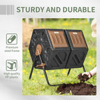 Compost Bin Outdoor, 43 Gallon Dual Chamber Tumbling Composting with Sliding Doors, Large Compost Tumbler, Compost Bin for Garden, Kitchen, and Yard Waste, Black+Brown