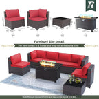 Outdoor Patio Furniture Sets with Propane Fire Pit Table, 8 Pieces Outdoor Furniture Patio Sectional Sofa Conversation Sets w/ETL Approved 43" Gas Outdoor Fire Table & Coffee Table (Red)