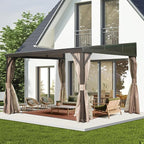 Domi 12x14FT Wall-Mounted Hardtop Gazebo, Aluminum Lean to Gazebo with Galvanized Steel Sloping Roof, Curtains & Netting for Outdoor Patio, Deck, Backyard, Garden Parties
