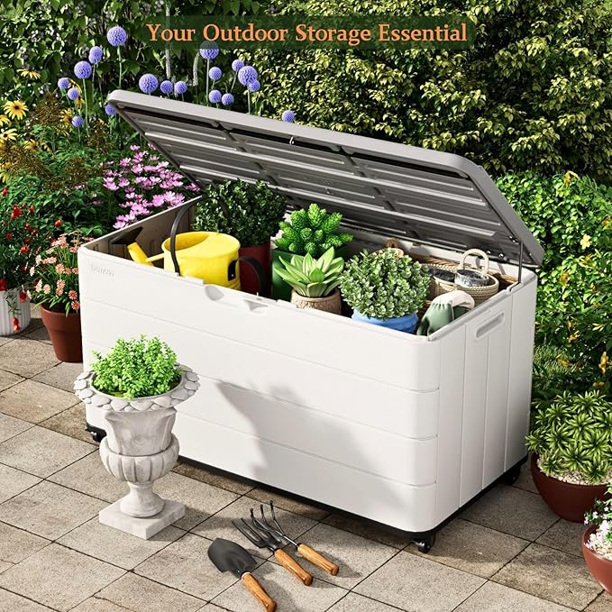 ZZM 110 Gallon Outdoor Deck Box with Wheels, Waterproof Resin Storage Cabinet for Patio