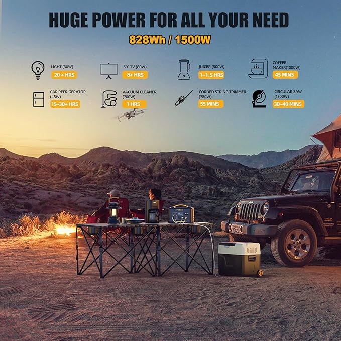 VTOMAN Jump1500X Portable Power Station, 828Wh LiFePO4 Battery Solar Generator with Jump Start, 1500W AC Outlet, 100W PD Type-C, Large Capacity Expandable to 2376Wh for Camping, RV Travel, Home Backup