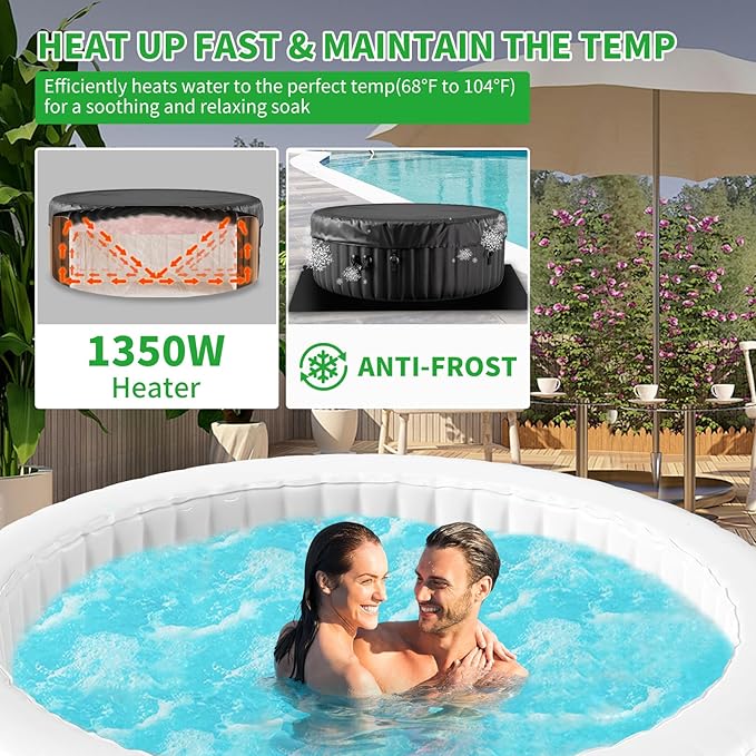 2-4 Person Inflatable Hot Tub, Round Blow Up Portable Hot Tub, Leak-Proof PVC Outdoor Spa with 120 Strong Air Jets, Heater Pump and Insulated Cover, 71” X 71”X 25”