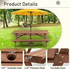 Picnic Table with Bench for 8 Person Outdoor Wooden Rectangle Table for Patio Garden Backyard Large Outside Dining Table Set with Umbrella Hole 6.26FT Brown