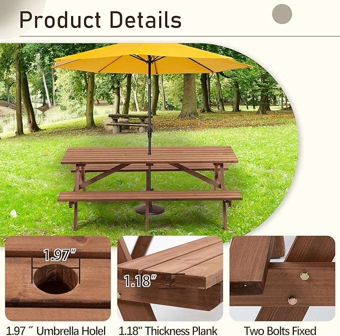 Picnic Table with Bench for 8 Person Outdoor Wooden Rectangle Table for Patio Garden Backyard Large Outside Dining Table Set with Umbrella Hole 6.26FT Brown