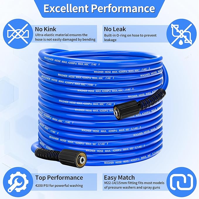 Pressure Power Washer Hose 50 FT x 1/4", Super Flexible Kink Resistant Car Washer Replacement with M22 Fittings & 3/8" Quick Connect Adapters for Ryobi Troy Bilt Flexzilla Greenworks & More, 4200PSI