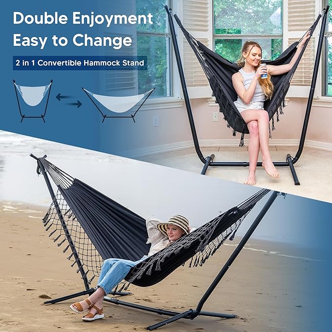 SUNCREAT 2-in-1 Hammocks Convertible Portable Double Hammock with Stand Included, Outdoor Hammock and Stand, Patent Pending, Dark Grey with Tassel