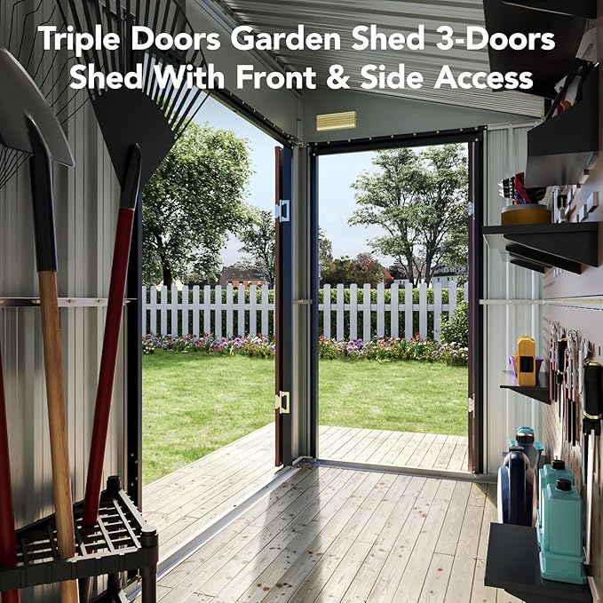 8x4 Ft Outdoor Metal Shed, Storage Shed with Triple Lockable Doors, Front & Side Door for Easy Access, Large Garden Tool Shed for Backyard, Patio, Lawn & Utility Storage