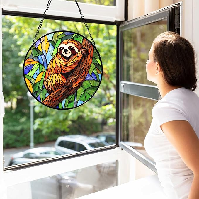 Stained Glass Window Hanging - Funny Sloth Suncatcher for Doors Garden Patio Cute Sun Catchers Decor Christmas Mother's Day Birthday Teenager Gifts for Women Men Mom Nana Friend 9.8 in