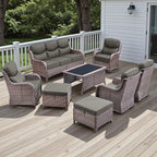 Rilyson Wicker Outdoor Patio Furniture Set - 8 Piece Patio Conversation Sets with Swivel Rocker Chairs, Ottomans, Sofa and Coffee Table, 6 inch Cushions, Deep Seating, for Porch Deck Brown/Grey